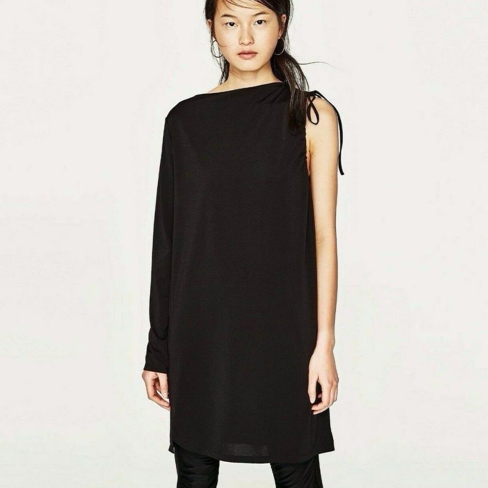 NWT Zara Trafaluc Black One Sleeve Slinky Avant Garde Dress Size S
